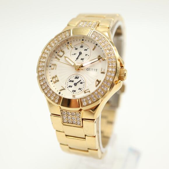 Guess Mini Prism Gold Tone Day Date Womens 35mm Watch St Steel w New Battery - Picture 1 of 13